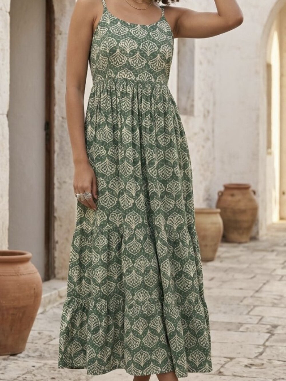 Floral Print A-Line Midi Dress Green Sage Ethnic Boho Tiered Cami Sundress